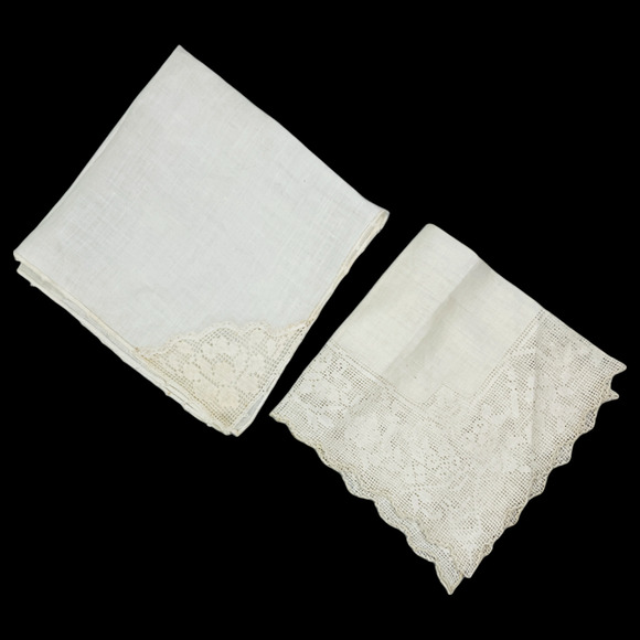 Vintage Lace Handkerchief Lot of 2 Wedding Floral Scalloped Border Knots READ - Picture 1 of 12